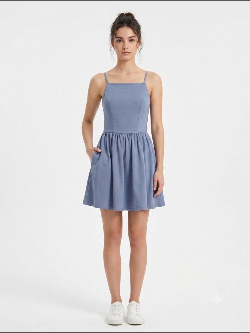 Fancyinn Dusty Blue Square Neck Spaghetti Strap Mini Dress with Pockets